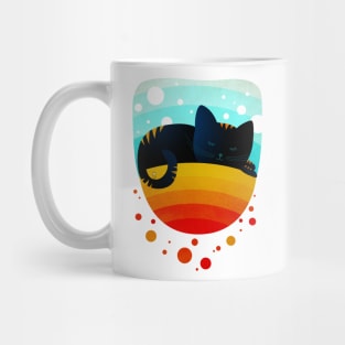 Sleepy kitty over the rainbow holding an owl on its tail Mug